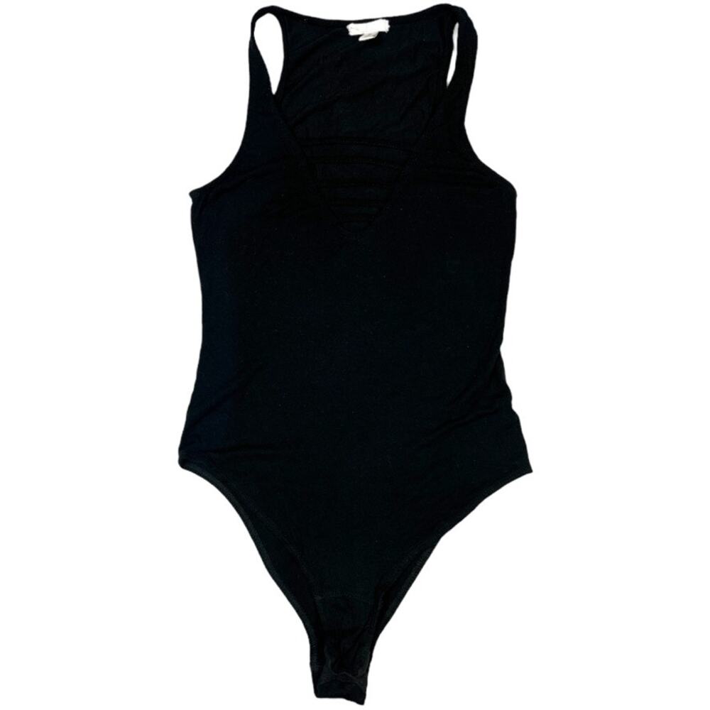 BP Bodysuit Black V-Neck Sleeveless Stretch Ladder V Cutout Womens XXS‎ Onepiece